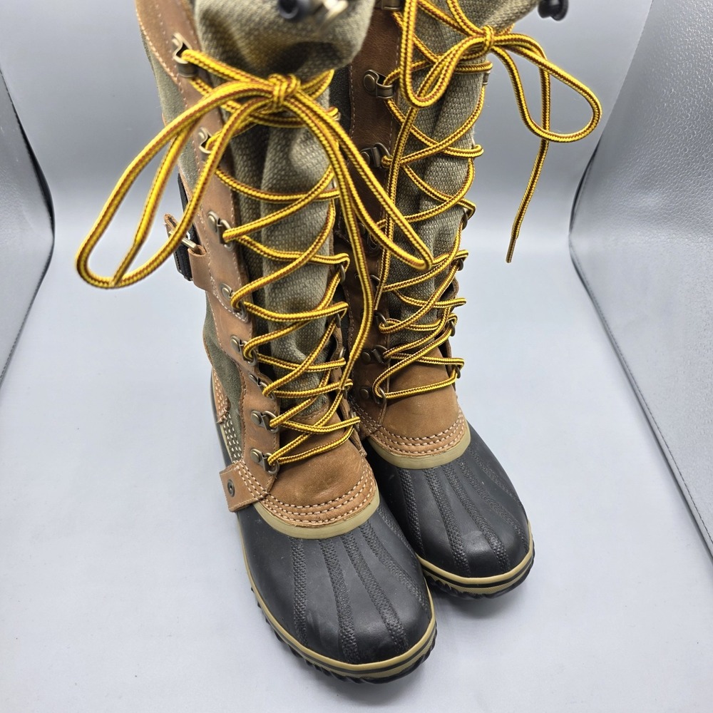 Sorel Conquest Carly II Boots Womens 6.5 Green Tan Tall Waterproof Winter‎ Duck - Picture 2 of 13